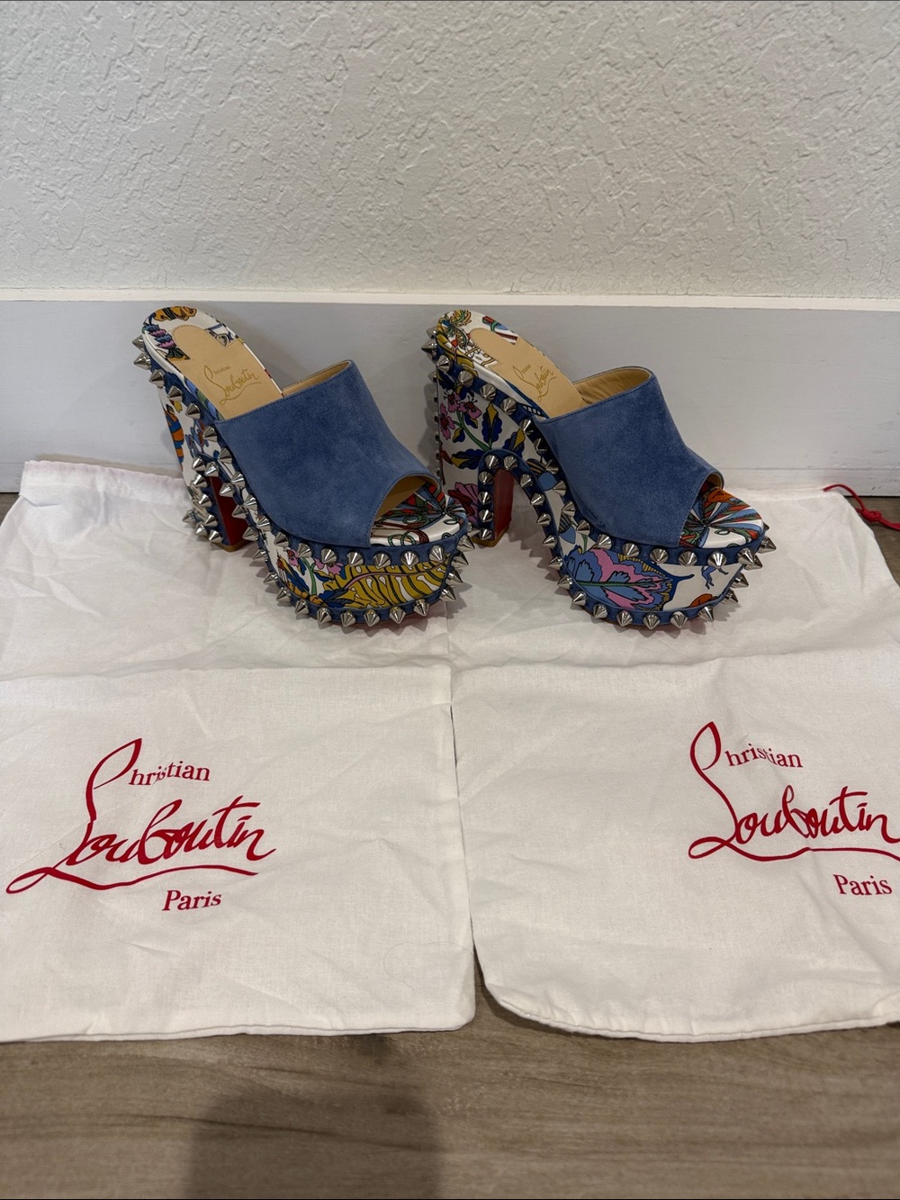 Christian Louboutin Blue Suede Floral Spike Platform Mules